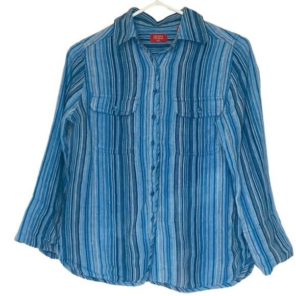 Valerie Stevens Button up vertical pinstripe blouse blue white 100%‎ linen S P - Picture 1 of 10
